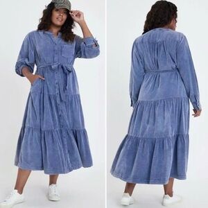 Anthropologie Pilcro Marta 100% Cotton Tie Tiered Corduroy Midi Dress Blue Small